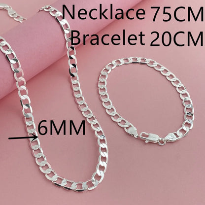 925 Sterling Silver 6mm Cuban Link Necklace and Bracelet Set | Unisex Classic Jewelry