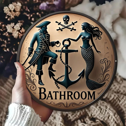 Retro Pirate Anchor Round Wall Art, Vintage Mermaid Metal Sign for Bathroom Home Outdoor Decor