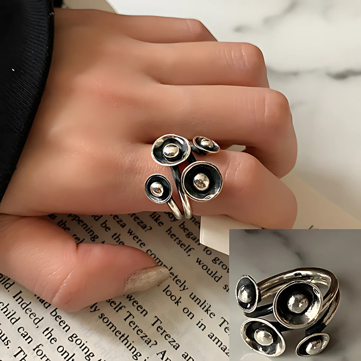 PANJBJ Real 925 Sterling Silver Retro Round Ring | Vintage Fine Jewelry for Women