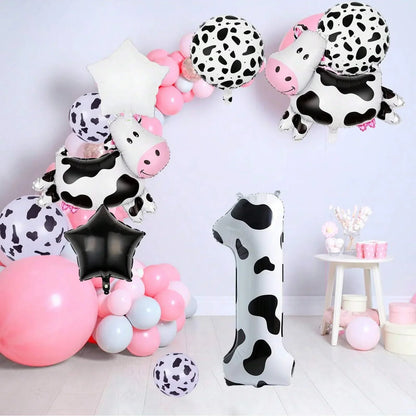 7pcs Cow Print Number Balloon Set | Farm Animal Birthday Party Decoration