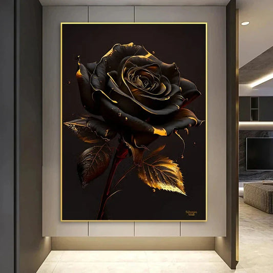 Clásico, Vintage, Arte de Pared, Rosas Girasoles en Oro y Negro, Póster Impreso en Lienzo HD, Decoración para el Hogar, Sala de Estar, Dormitorio
