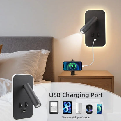 Bedside LED Wall Reading Lamp with USB Port Switch Rotatable Wall Sconce