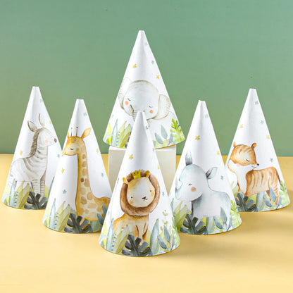 Chapeaux en papier Animaux de la Jungle - Joyeux Anniversaire - Décoration de fête pour enfants Safari, Animaux Sauvages, Un An - Fournitures de décoration de douche de bébé