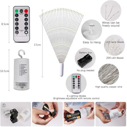 Guirlande Lumineuse LED Feux d'Artifice, Fil de Cuivre, Étoile, 8 Modes, Télécommande, Décoration Extérieure