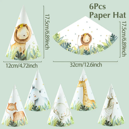 Chapeaux en papier Animaux de la Jungle - Joyeux Anniversaire - Décoration de fête pour enfants Safari, Animaux Sauvages, Un An - Fournitures de décoration de douche de bébé