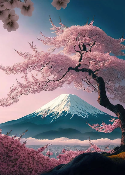 Póster japonés de flor de cerezo, montaña Fuji, puesta de sol, Tokio, lienzo impreso en HD, pintura artística de pared, imágenes, decoración del hogar
