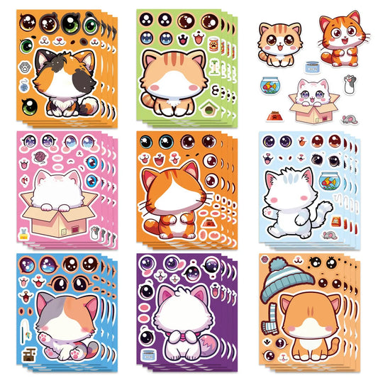 8 Pcs Cute Kitten Dress-Up Stickers for Kids | Cartoon Puzzle Toy and Waterproof Notebook Decor