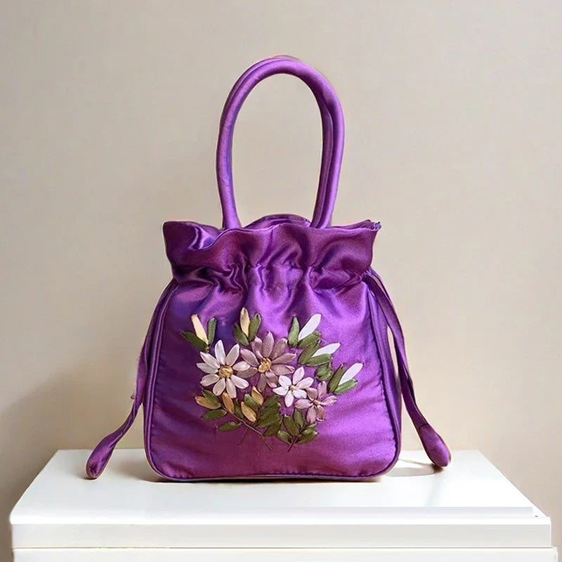 Small Embroidered Flower Bucket Bag | Women's Top Handle Drawstring Purse