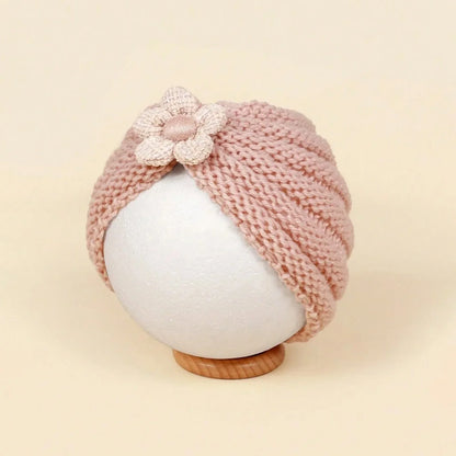 Baby Crochet Turban Hat with Flower Decor | Winter Warm Knit Headwrap for Infant Girls