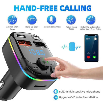 Bluetooth 5.0 FM Transmitter Car Charger with PD QC3.0 Fast Charging and Type C Adapter