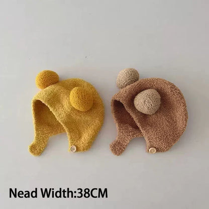 Lindos sombreros de invierno cálidos para niños y niñas, gorros de lana con dobladillo de vellón y pompón, gorros de lana sólida con protección para las orejas, gorros suaves para recién nacidos.