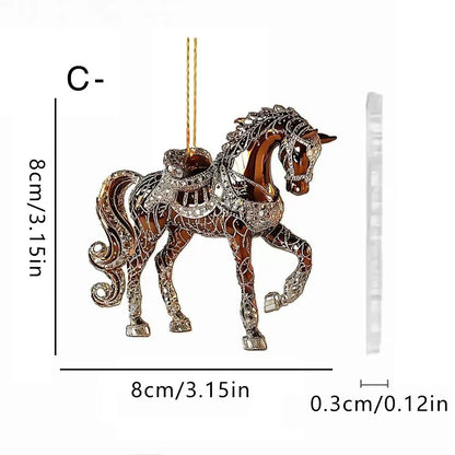 Pendentif de rétroviseur de voiture cheval acrylique 2D, ornement de sapin de Noël, décoration de fête de Nouvel An à suspendre