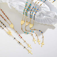 Colored Bead Y-Shaped Cross Necklace | Stainless Steel Catholic Rosary Jewelry for Women