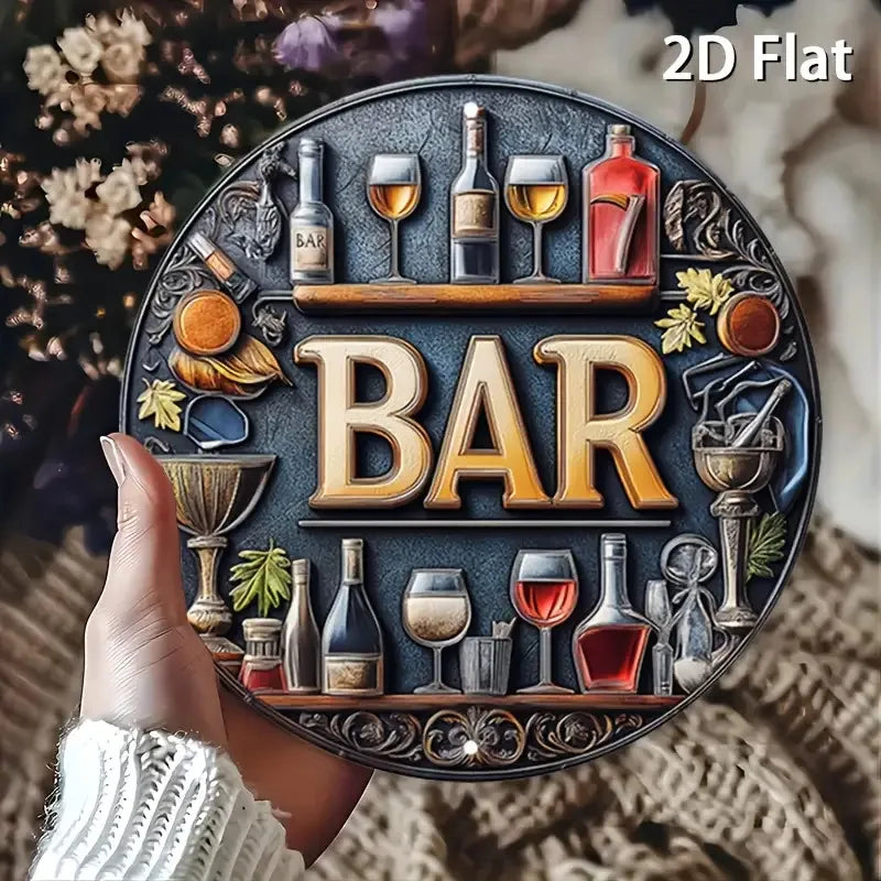 Plano 2D, 1 señal de barra de metal vintage - Elegante diseño de vino y copas, arte de pared redondo retro de aluminio para bares, cafeterías, casas de playa