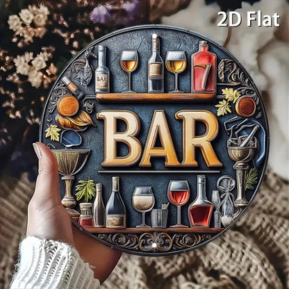 Plano 2D, 1 señal de barra de metal vintage - Elegante diseño de vino y copas, arte de pared redondo retro de aluminio para bares, cafeterías, casas de playa