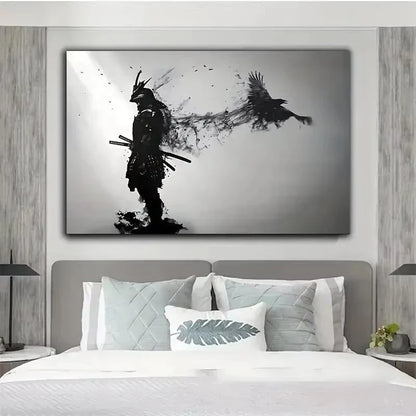 Affiches et impressions murales d'homme samouraï noir japonais en noir et blanc avec corbeaux, tableau sur toile pour salon, décorations Cuadros