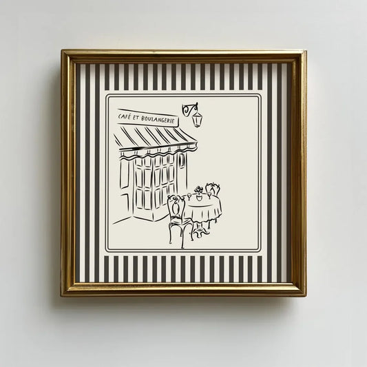 Impresión de Café Francés a Rayas Blancas y Negras, Ilustración Minimalista, Descargas Digitales, Lámina Artística, Idea de Regalo, Estético
