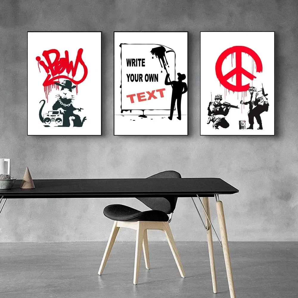 Niña y Globo Rojo Arte de Banksy Pintura en Lienzo con Caracteres Nórdicos Mural Póster para Sala de Estar Dormitorio Bar Decoración del Hogar