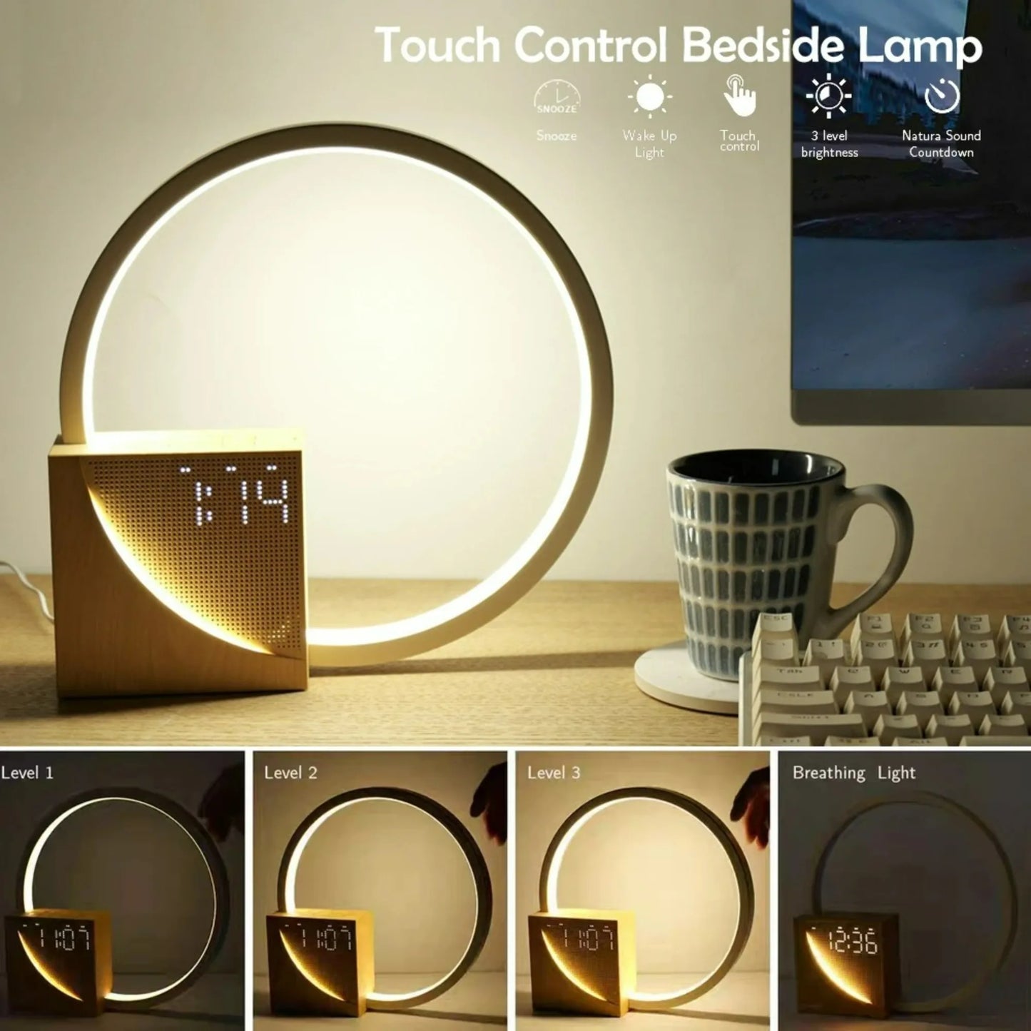 Réveil Lampe de Chevet Veilleuse Chargeur Téléphone Bruit Blanc Minuteur 3 Niveaux Intensité Variable Lampe de Table Tactile pour Chambre