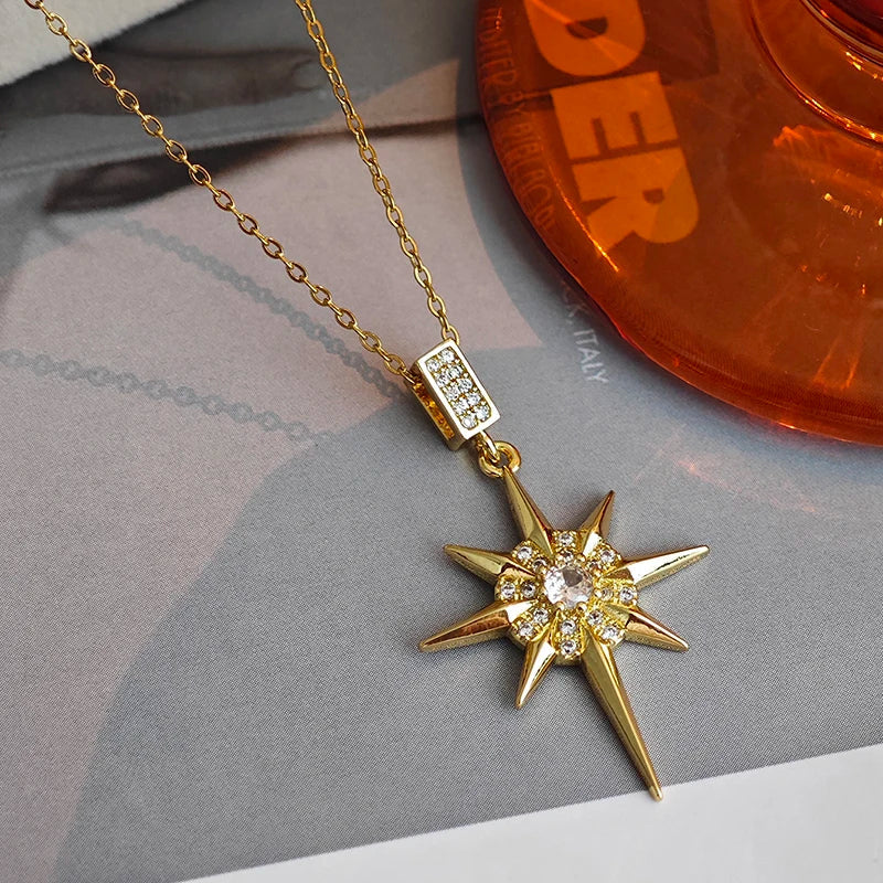 316L Stainless Steel Star Pendant Necklace | Shiny Zircon Jewelry for Women