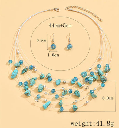 Multilayer Natural Stone Ethnic Necklace Earrings Set