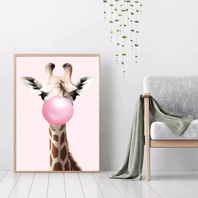 Lindo Panda Rosa Jirafa Conejo Guepardo Cebra Soplando Chicle Póster Lienzo Pintado para Habitación Infantil Decoración con Estampados de Animales