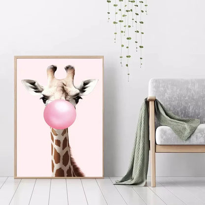 Lindo Panda Rosa Jirafa Conejo Guepardo Cebra Soplando Chicle Póster Lienzo Pintado para Habitación Infantil Decoración con Estampados de Animales