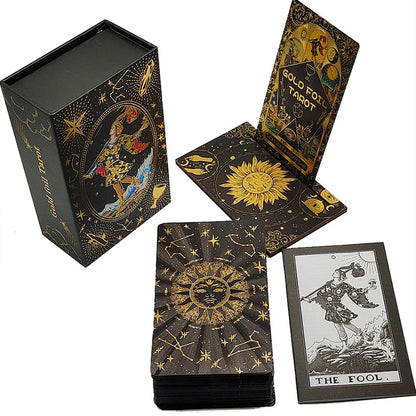 Luxe Finish Divinative Gold Foil Tarot Cards Fantastic Board Game Set For Predictive With Wooden Card Stand