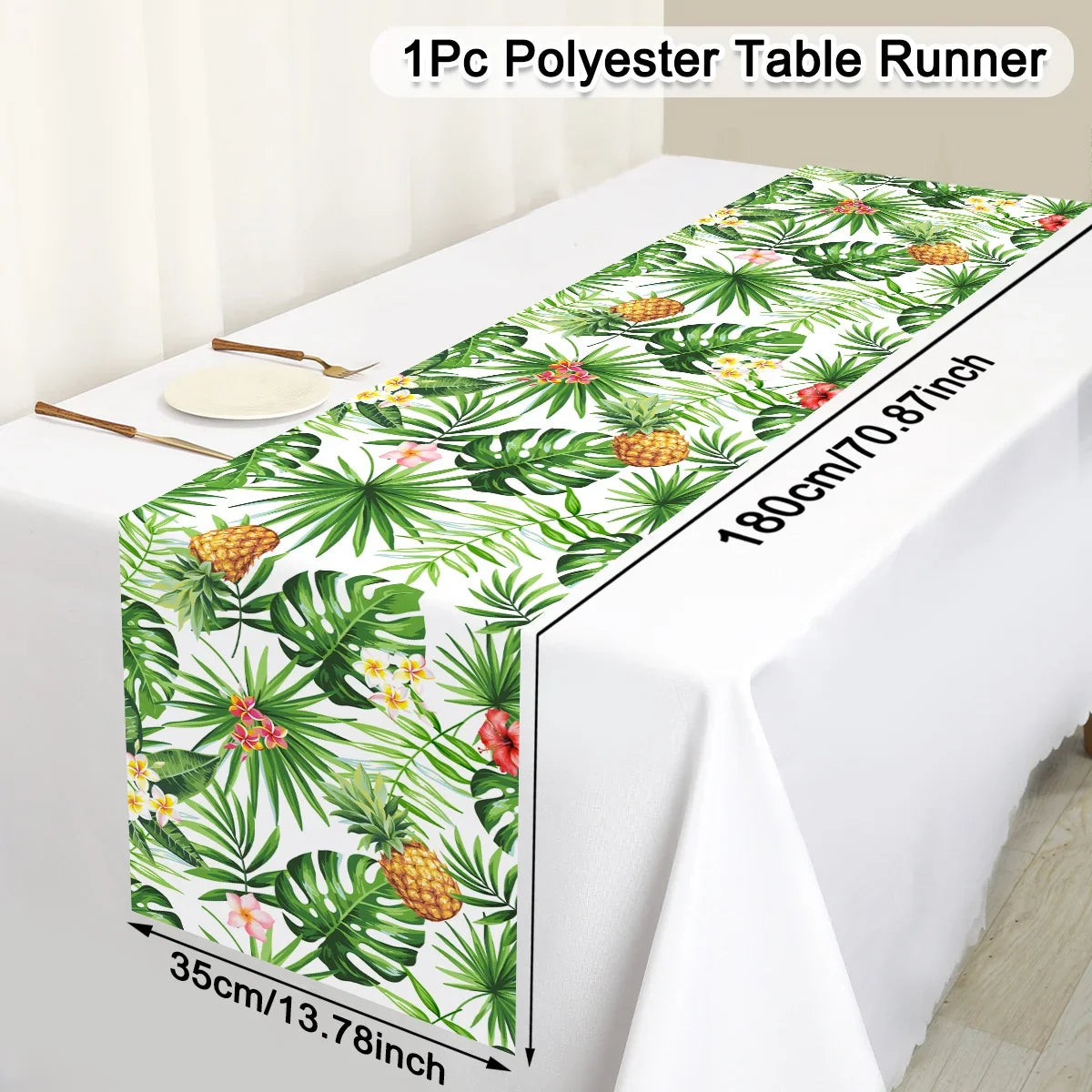 Tropical Hawaiian Party Tablecloth and Flamingo Decor Set | Plastic Table Runner and Candy Bags