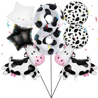 7pcs Cow Print Number Balloon Set | Farm Animal Birthday Party Decoration