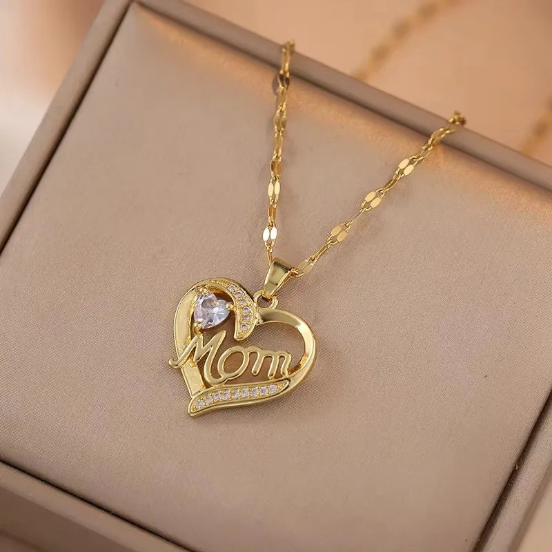 Mama Heart Pendant Necklace | Stainless Steel Crystal Choker for Women