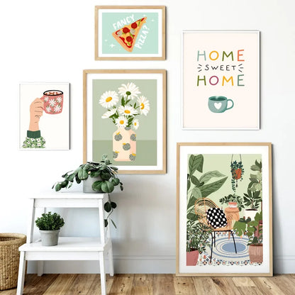 Plantes Tropicales Vase Marguerite Pizza Tasse à Café Nourriture Posters Abstraits Impressions Murales sur Toile Photos Décoration Bohème pour Cuisine et Salon