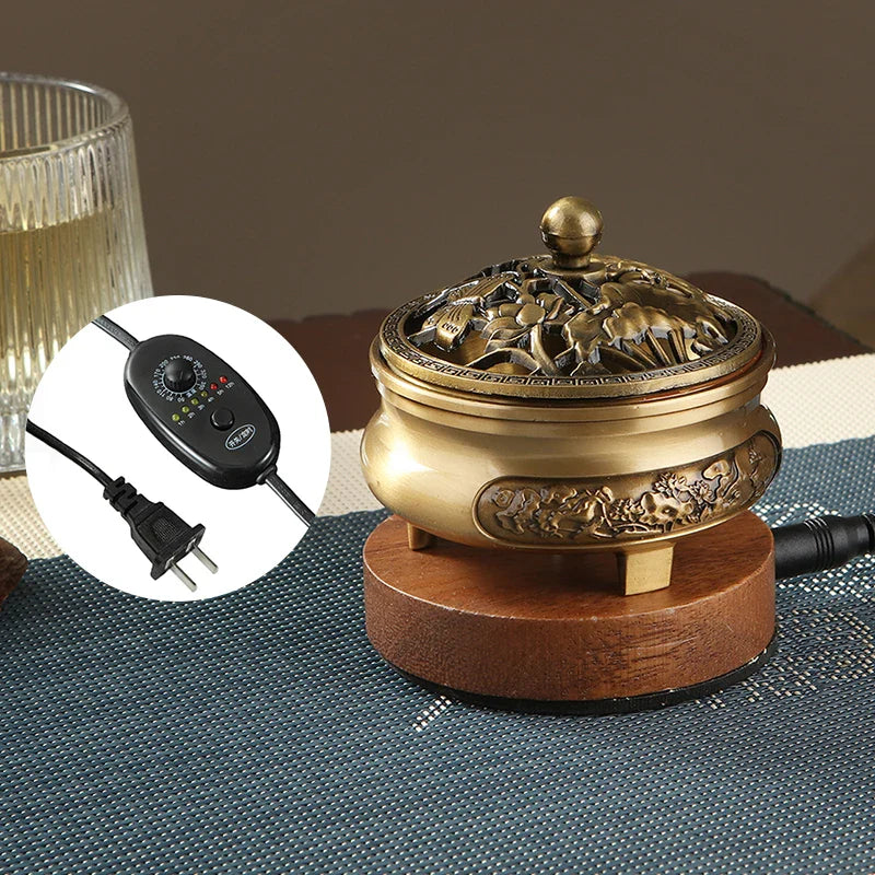 Brûleur d'encens électronique 220 V en bronze, diffuseur d'huiles essentielles, avec minuterie et température réglables pour bois de santal et oud.