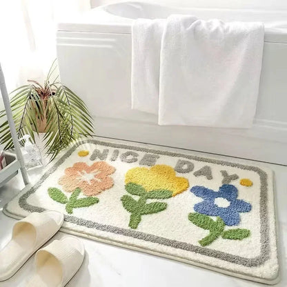 VIKAMA | Tapis en imitation cachemire à motif floral frais - Antidérapant, Tapis de bain absorbant/Paillasson de salon/Tapis de sol polyvalent