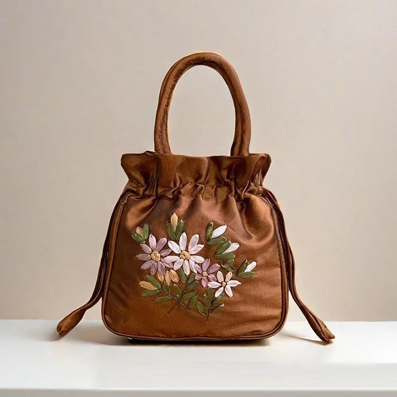 Small Embroidered Flower Bucket Bag | Women's Top Handle Drawstring Purse