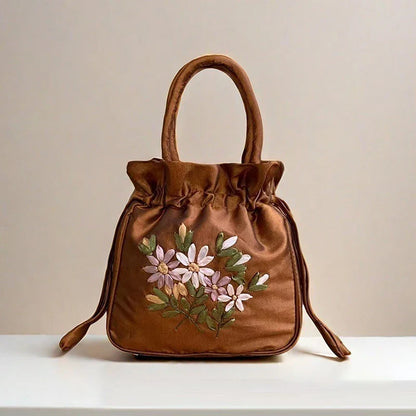 ZTBBAO Embroidered Flower Bucket Bag | Small Top Handle Handbag for Women