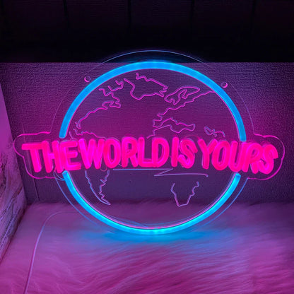 Letrero de neón LED "El mundo es tuyo", letrero con forma de tierra, escultura 3D, utilizado para la decoración de dormitorios, clubes y salas de juegos, alimentado por USB.