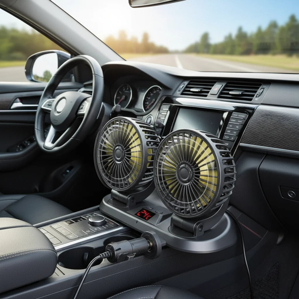Dual Head Car Fan | 12 Volt Portable Fan with 3-Speed Settings | Compact Design for Enhanced Air Circulation