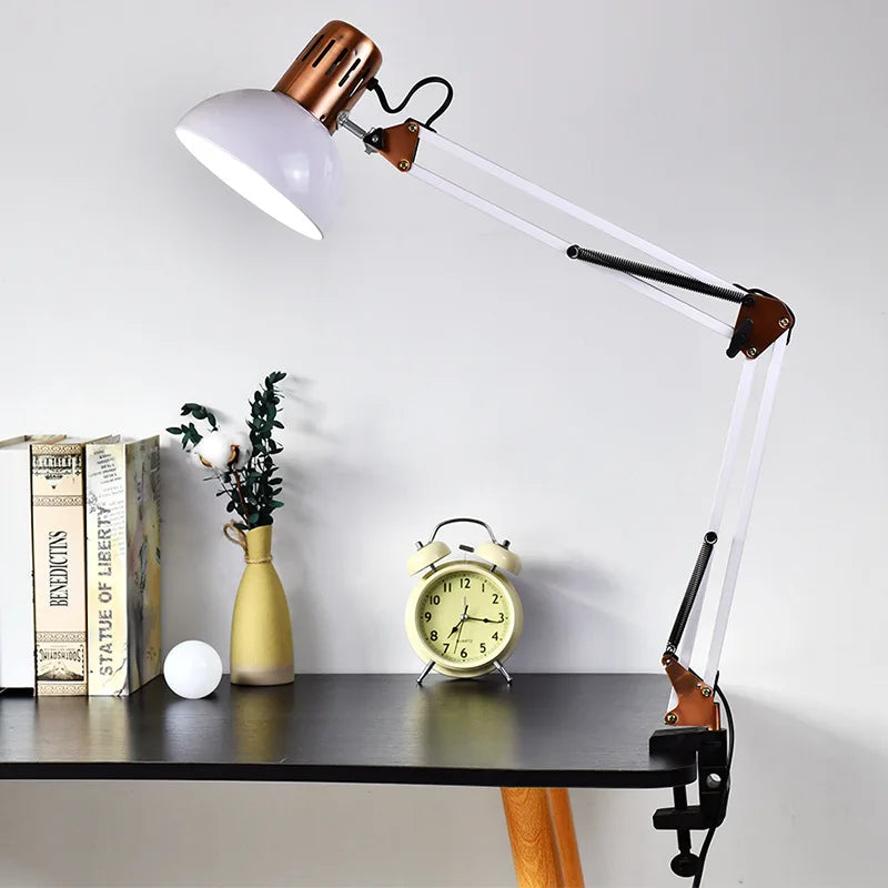 Industrial Foldable LED Table Lamp with Clamp Telescopic Swing Arm for Desk