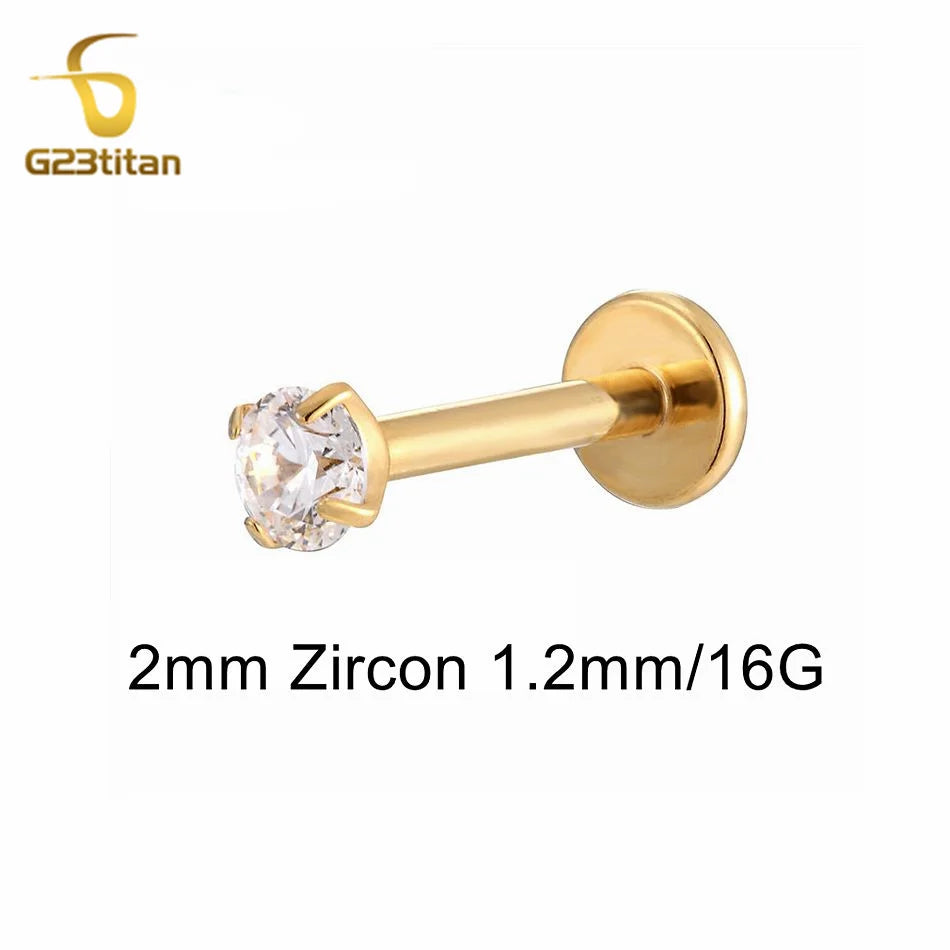Titanium Labret Stud with Zircon Gem | Internally Threaded Body Jewelry