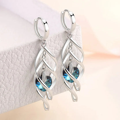 925 Silver Blue Crystal Drop Earrings | Hollow Long Dangle Earrings for Women