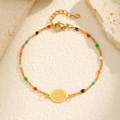 Bohemian Colored Virgin Oval Necklace | Gold Plated Stainless Steel Rosary Chain