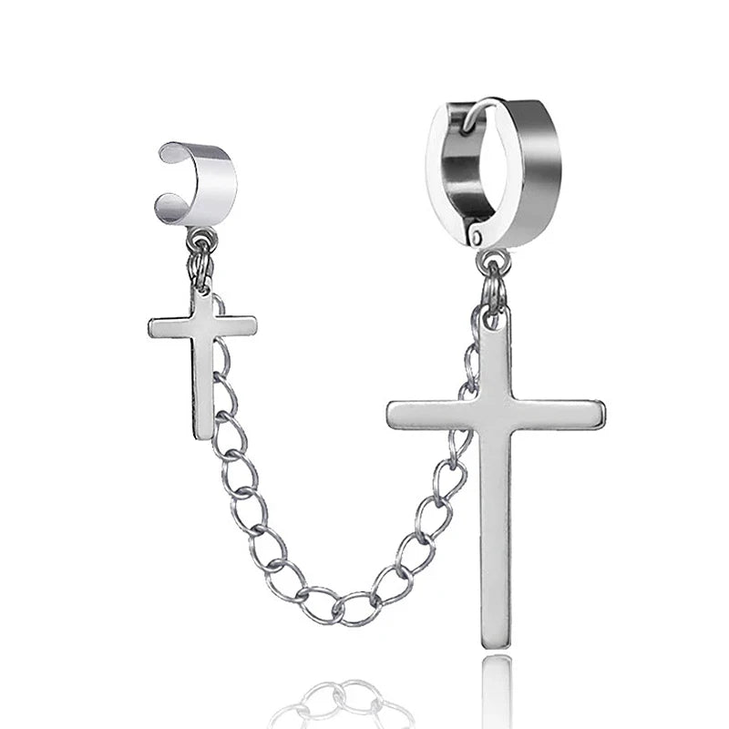 Fashion Punk Cross Pendant Clip Earring | Unisex Metal Chain Tassel Ear Cuff