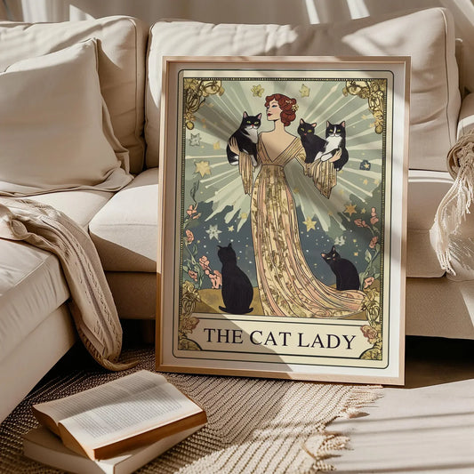 The Cat Lady Tarot Print, Art Nouveau Cat Lovers Wall Art, Vintage Cat Poster, Cat Mom Gift, Unique Cat Print, Apartment Decor