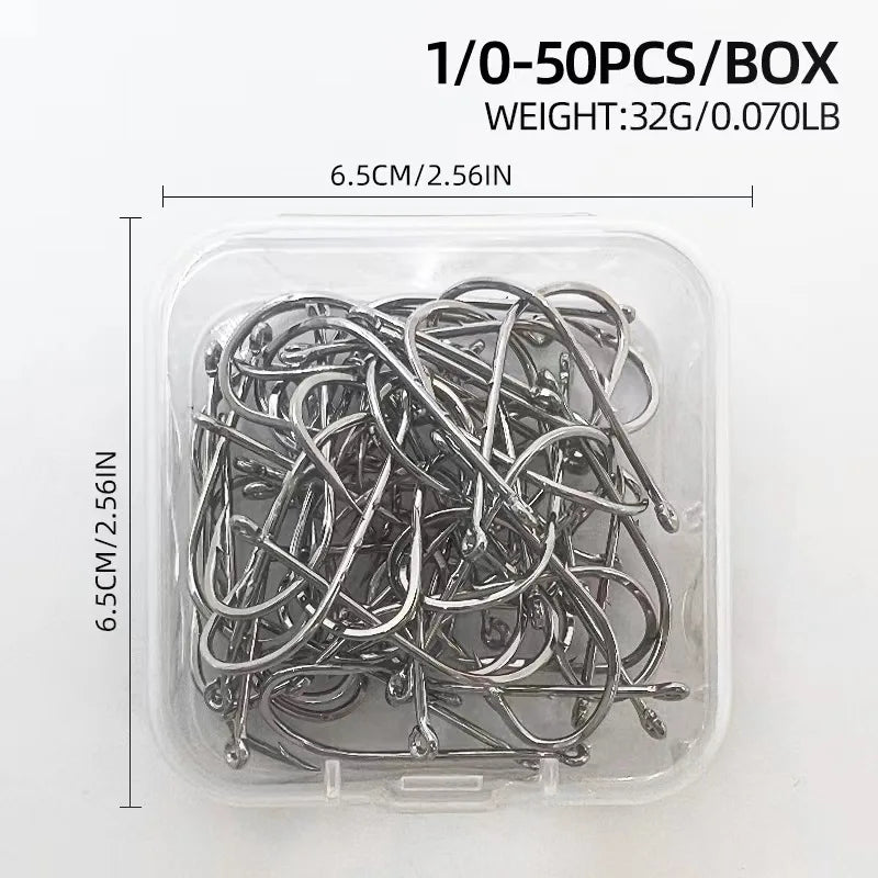 ShareShark 50-Piece High Carbon Steel Fishing Hooks with Barbed Curved Mouth | Long Shank Saltwater Hooks