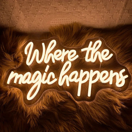 Letrero de neón "Where The Magic Happens" Decoración de pared Luces LED de neón grandes alimentadas por USB para bodas, dormitorios, cumpleaños, decoración de sala de juegos