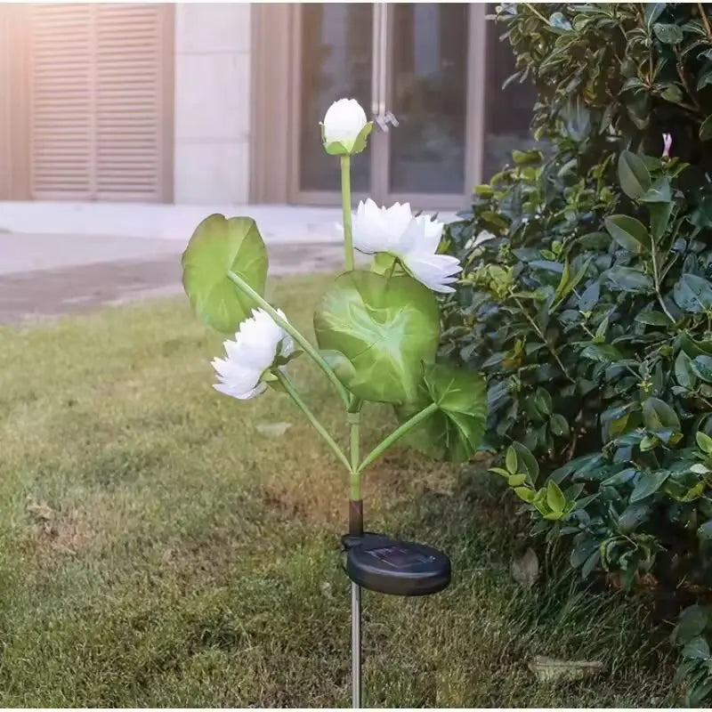 1 luz solar LED de loto de 3 cabezas, lámpara de césped impermeable para exteriores, iluminación de paisaje para jardín, patio, césped, terraza, parque, plaza