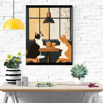 Décoration murale humoristique de chat buveur de café pour propriétaires de chats tigrés et chats smokings, impression vintage chat café, affiche chat noir café, kit d'animaux drôles uniques