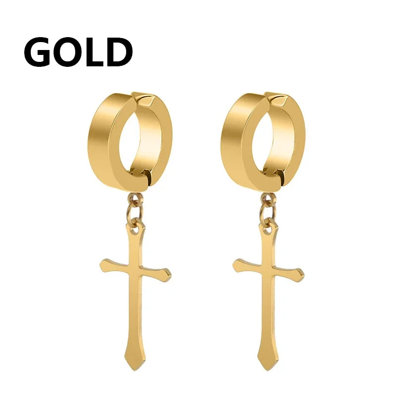 Stainless Steel Clip On Cross Earrings | Non Piercing Gothic Punk Jewelry for Men Women