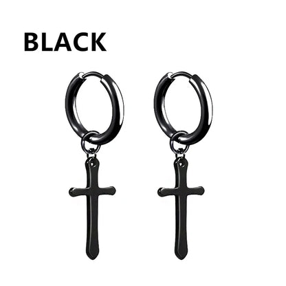 Black Stainless Steel Hoop Earrings with Cross Pendant | Unisex Punk Jewelry